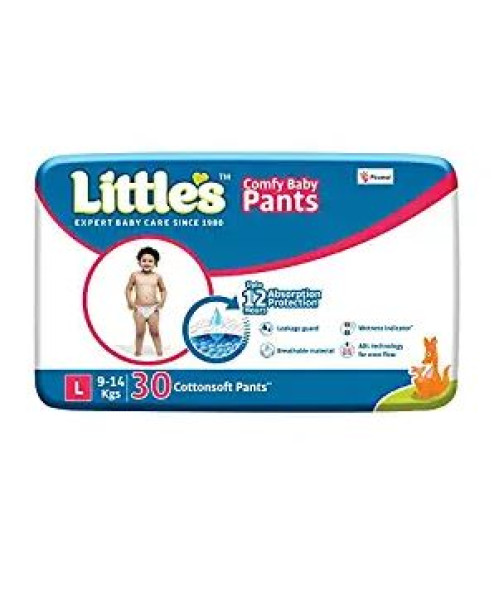 Little's Baby Pants Diapers with Wetness Indicator and 12 Hours Absorption, Large (L), 9-14 kg, 30 pants